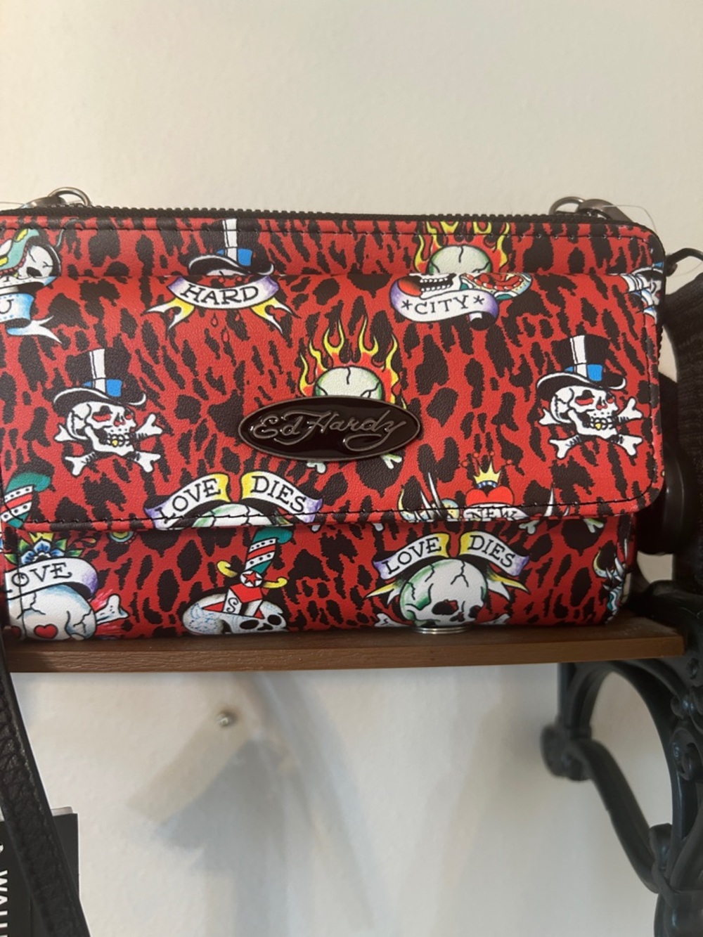 Ed Hardy Red Tiger Print Skull Mini Crossbody with Black Strap NWT